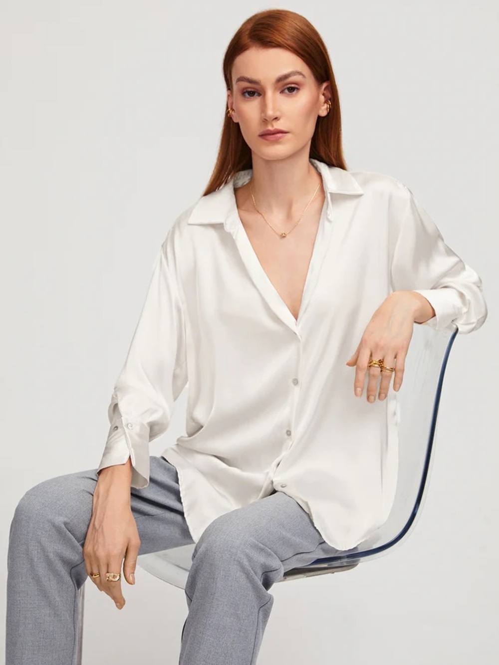 Oversized Women's White Satin Button-Down Shirt​